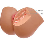 Vue en coupe du masturbateur buste montrant l'entree vagina nervuree en relief, tunnel interne texture en TPE chair pour une stimulation realiste vibrante.