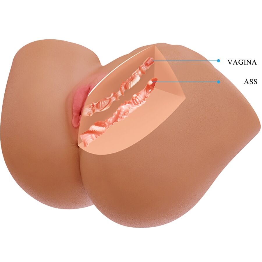 Vue en coupe du masturbateur buste montrant l'entree vagina nervuree en relief, tunnel interne texture en TPE chair pour une stimulation realiste vibrante.