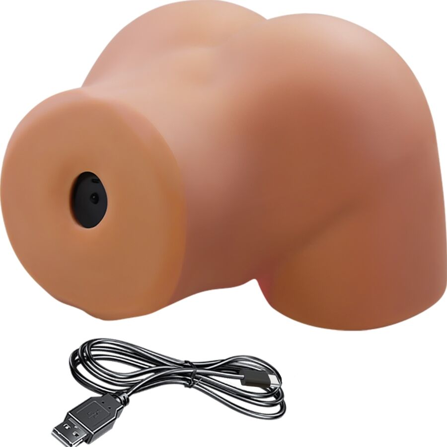 Masturbateur buste realiste vu de dos avec orifice central marque et cable USB de recharge, formes anatomiques galbees en TPE chair souple imitant la peau.