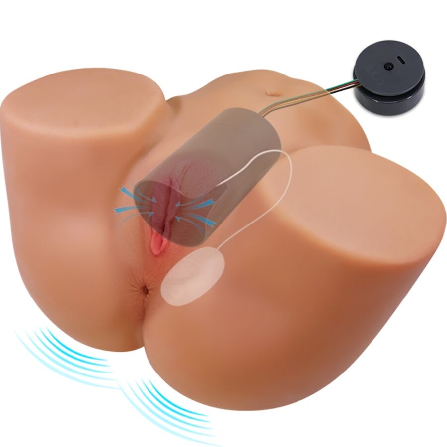 Vue eclatee du masturbateur buste vibrant montrant le moteur interne et les ondes, deux orifices vaginal et anal moules en TPE chair souple realiste.