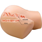 Vue en coupe du masturbateur buste Vivian montrant les entrees vagina et anal nervurees, tunnels internes textures en TPE chair pour stimulation realiste.