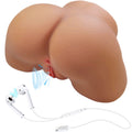 Masturbateur buste realiste vibrant vu de trois quarts avec ecouteurs et ondes de vibration, orifice moule en TPE chair, surface souple imitant la peau.