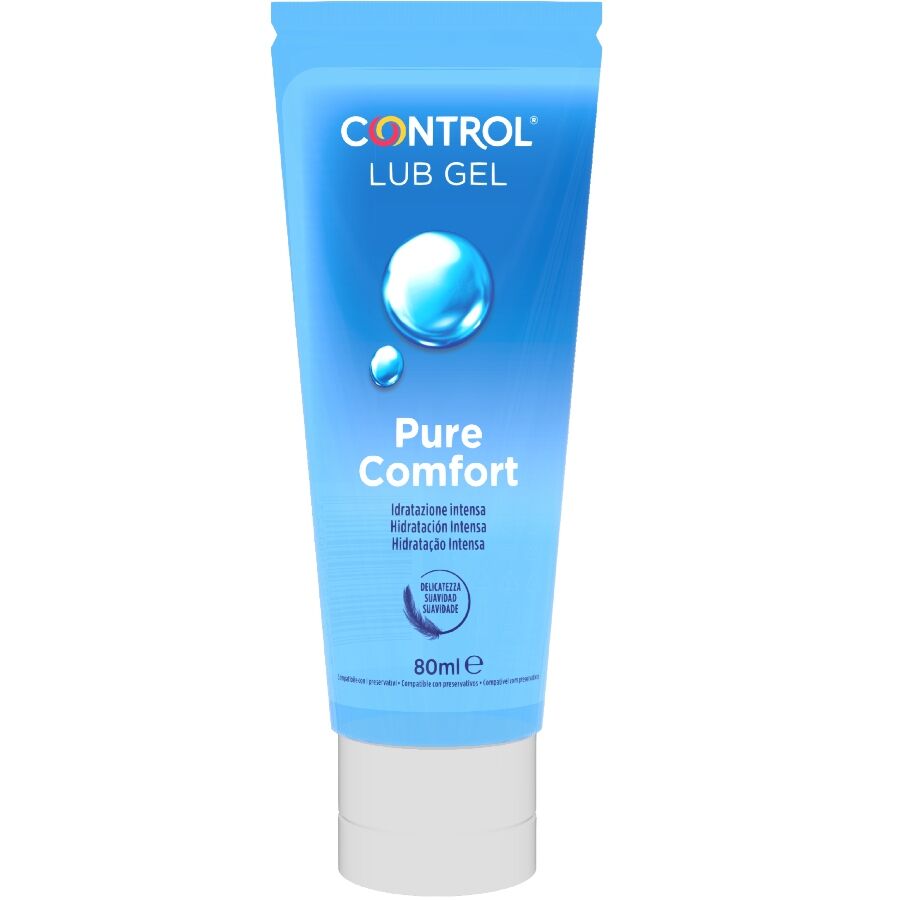 Flacon bleu Control Lub Gel Pure Comfort lubrifiant base eau 80 ml haut pouvoir lubrifiant, texture legere non grasse pour le confort des rapports vaginaux et anaux.