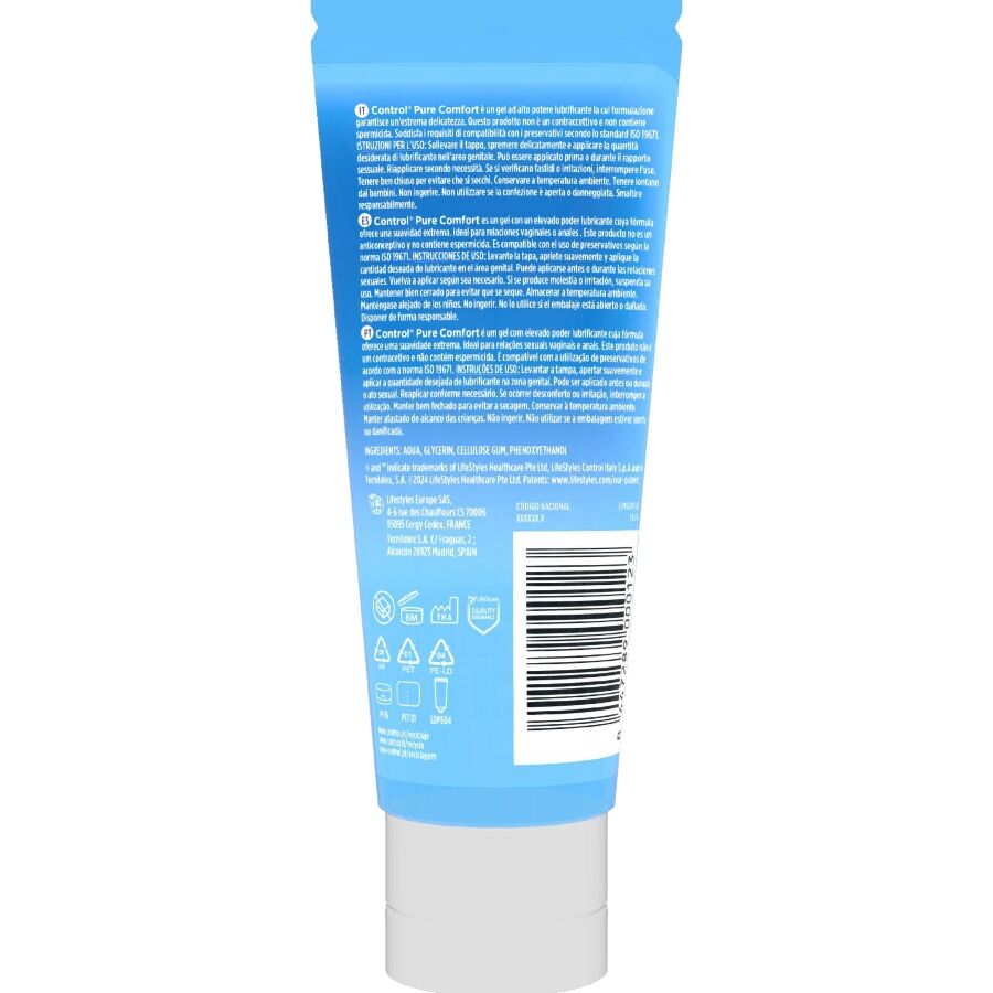 Dos du flacon bleu Control Lub Gel Pure Comfort avec notice et code-barres, lubrifiant base eau 80 ml texture legere non grasse, neutre compatible preservatif.