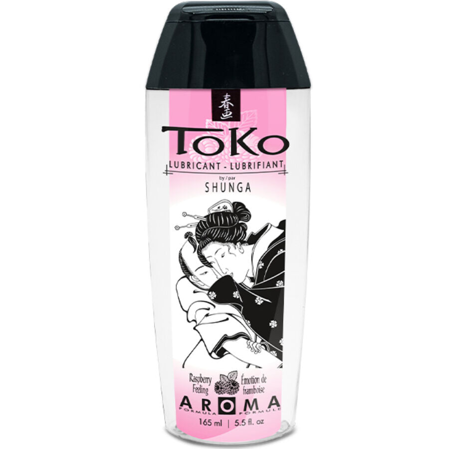 Flacon Toko Aroma lubrifiant base eau framboise litchi 165 ml, etiquette illustree d'un dessin au trait erotique japonais, lubrifiant comestible compatible latex