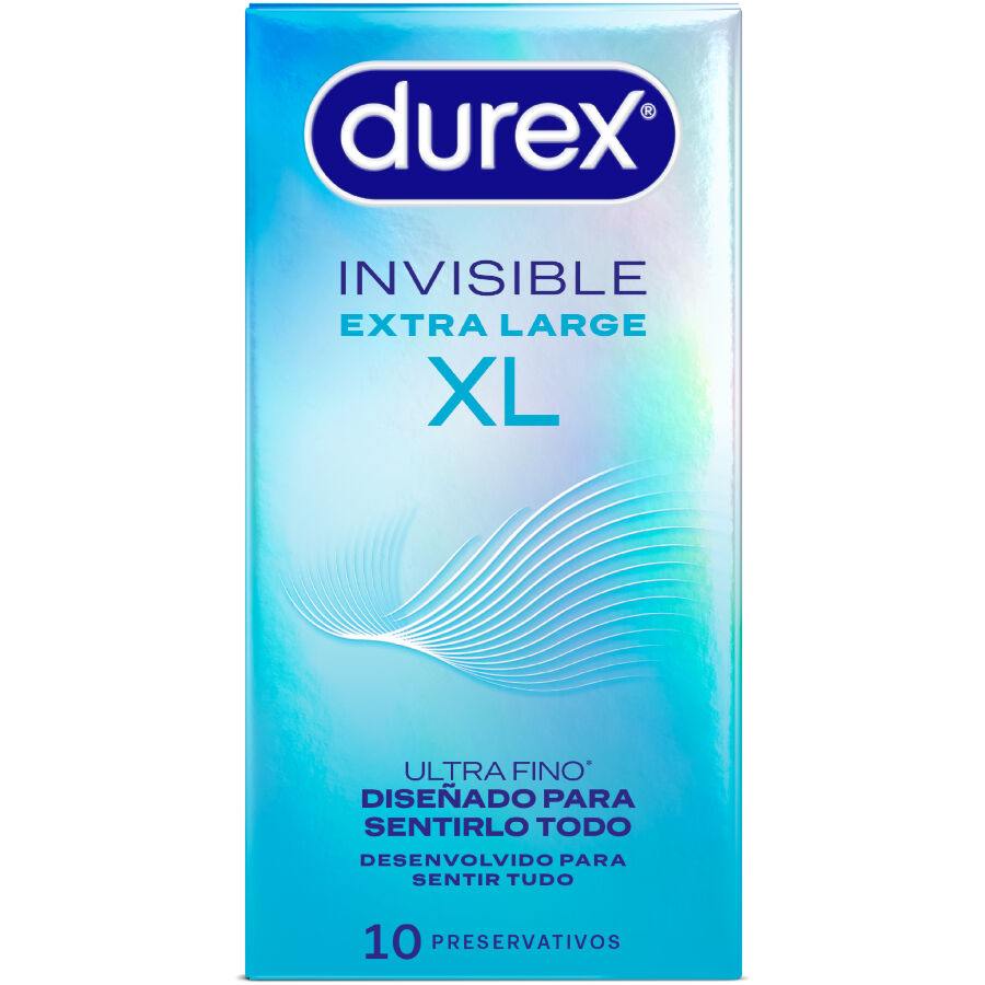Boite bleue irisee Durex Invisible Extra Large XL de face, preservatifs ultra-fins latex tailles XL largeur 57 mm extra-lubrifies au silicone, boite de 10 unites.