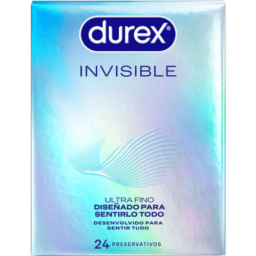 Boite irisee Durex Invisible de face, preservatifs ultra fins latex naturel conçus pour maximiser les sensations tout en protegeant, lubrifies, boite de 24 unites.