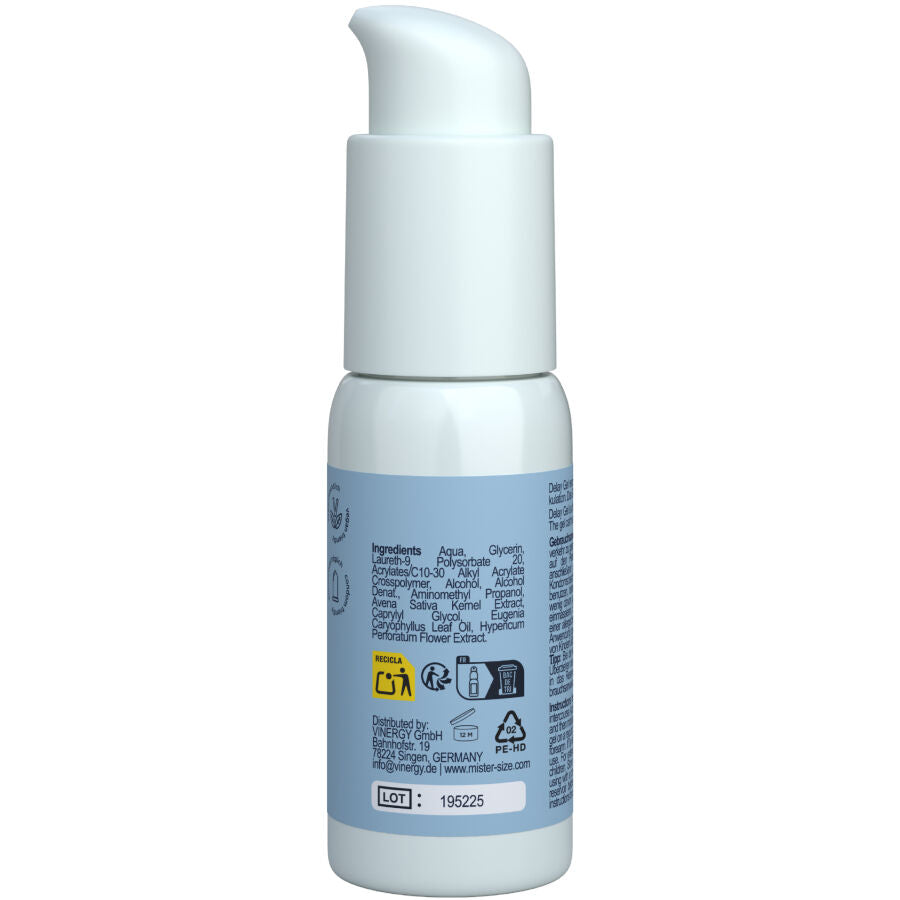 Flacon pompe Mister Size Delay Gel 50 ml vu de dos, liste d'ingredients et pictogrammes, gel retardant pour homme base eau a l'effet rafraichissant doux