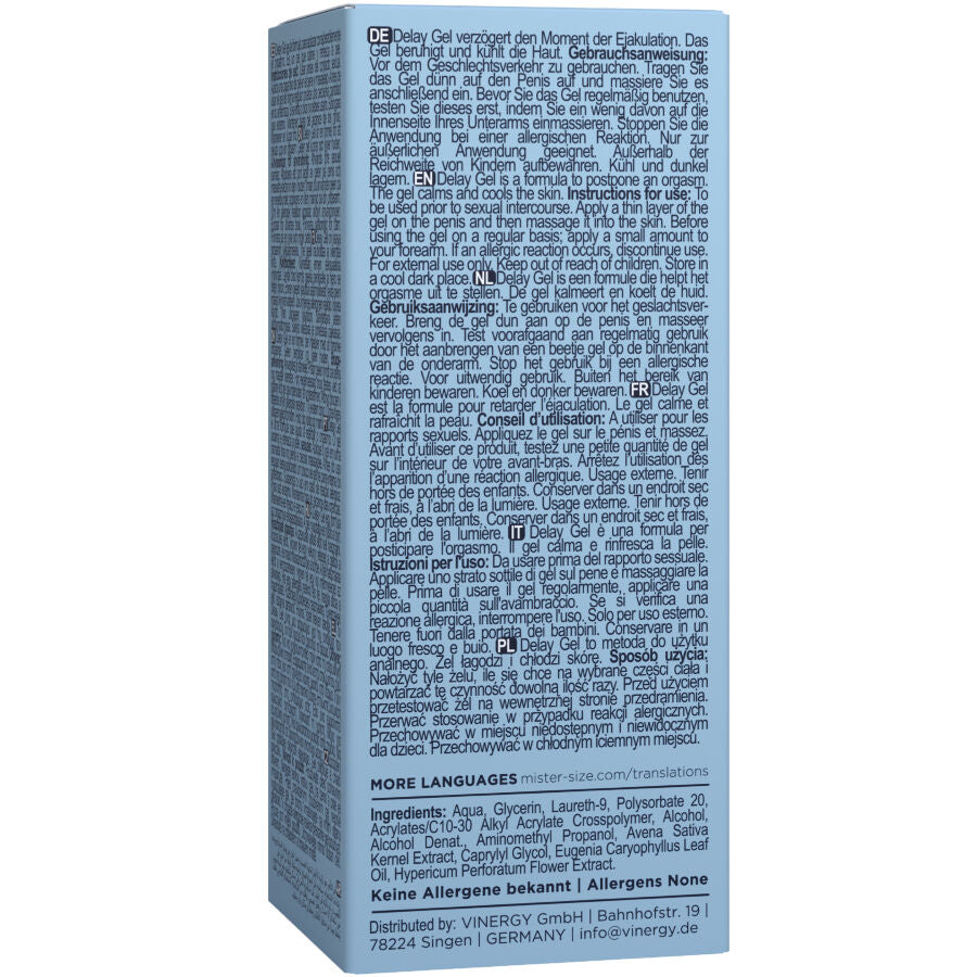 Dos de la boite Mister Size Delay Gel, texte d'ingredients et mentions multilingues sur carton bleu pastel, etui du gel retardant pour homme base eau