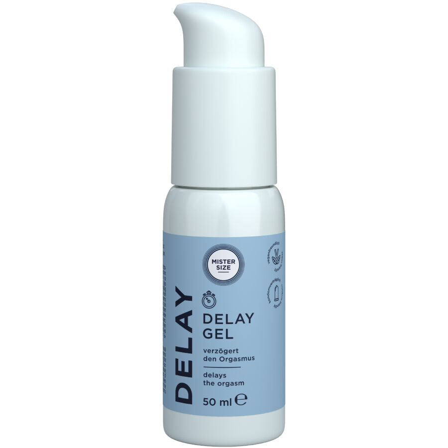 Flacon pompe Mister Size Delay Gel 50 ml de face, gel retardant homme base eau effet rafraichissant qui retarde l'orgasme, distributeur bleu pastel a tete blanche
