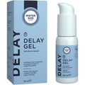 Boite Delay Gel Mister Size et flacon pompe 50 ml cote a cote, gel retardant pour homme base eau a effet rafraichissant, emballage bleu pastel vegan friendly