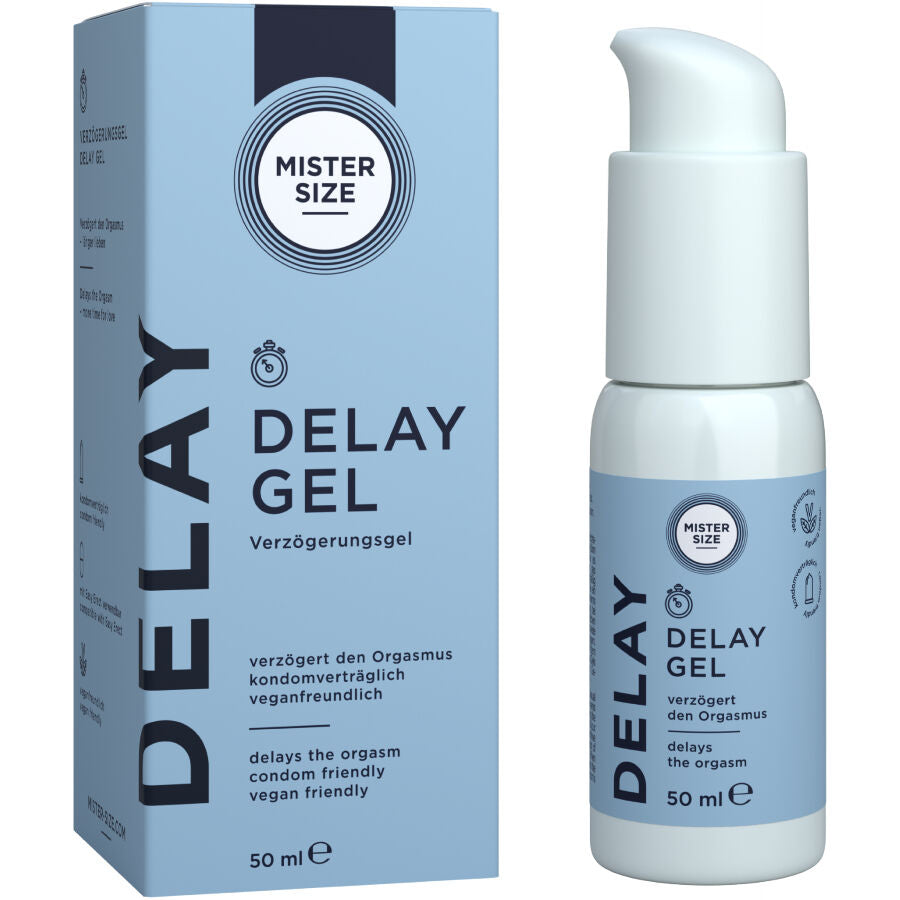 Boite Delay Gel Mister Size et flacon pompe 50 ml cote a cote, gel retardant pour homme base eau a effet rafraichissant, emballage bleu pastel vegan friendly