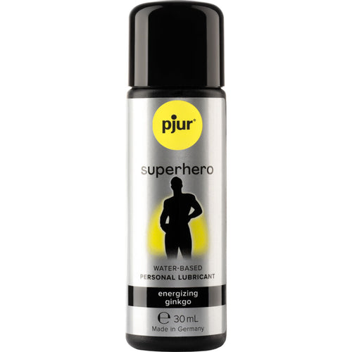 Flacon argente Pjur Superhero 30 ml de face, gel base eau au ginkgo pour usage externe masculin, attenue la sensibilite pour prolonger les rapports, energisant.