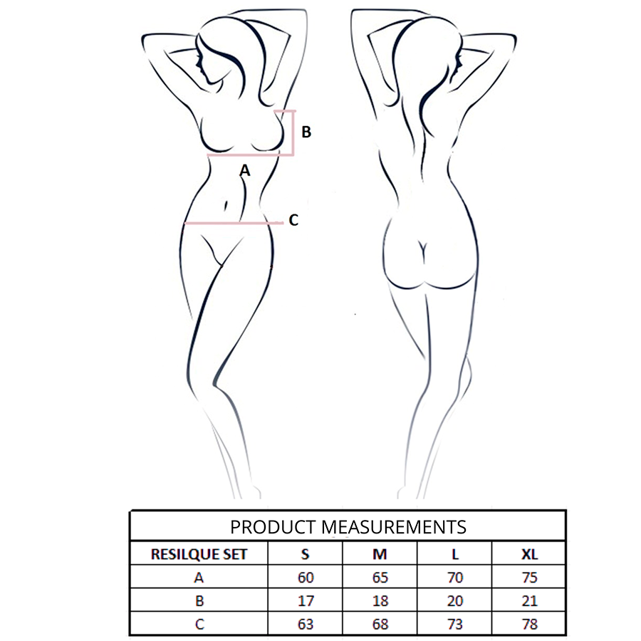 Schema technique Resilque Passion avec silhouettes dessinees et tableau de mesures produit en centimetres par taille S a XL, guide dimensions lingerie.
