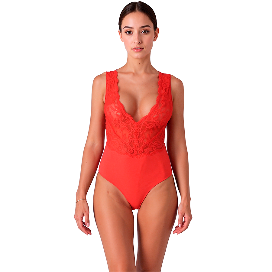 Modele de face en body Evalie dentelle rouge a decollete en V plongeant, cuisses et bassin denudes, lingerie sensuelle rouge taille S a XL Passion.