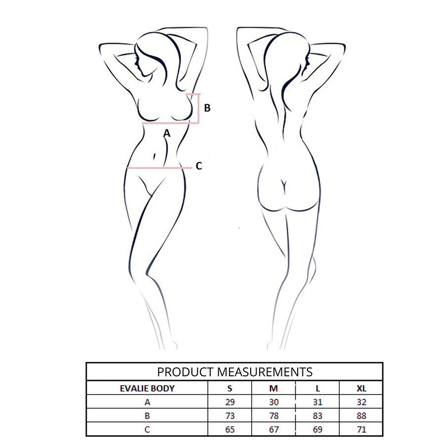 Schema de mesures Evalie Body : silhouette feminine nue de profil et de dos avec reperes B, C et tableau des tailles, body dentelle Passion.