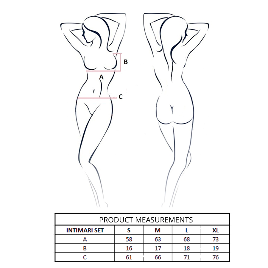 Schema technique Intimari Passion avec silhouettes dessinees et tableau de mesures produit en centimetres par taille, guide dimensions lingerie.