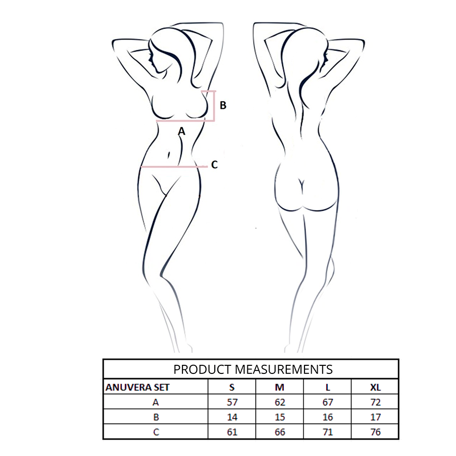 Schema technique Anuvera Passion avec silhouettes dessinees et tableau de mesures produit en centimetres par taille S a XL, guide dimensions.