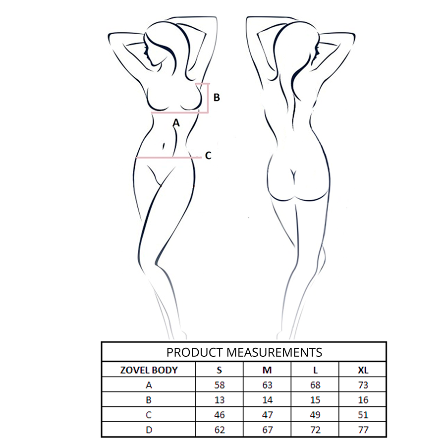 Illustration technique au trait des points de mesure A a D avec tableau de tailles S a XL du body Zovel, repere des dimensions produit lingerie.