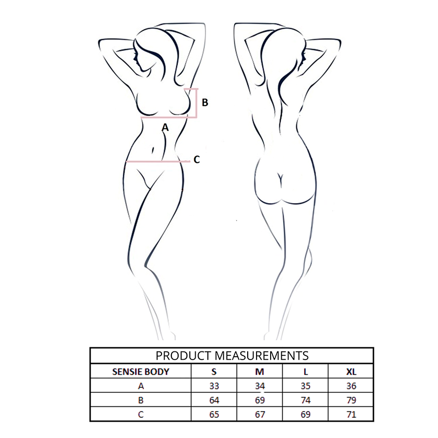 Schema technique du body Sensie Passion, dessin de silhouette de face et de dos avec reperes B et C et tableau de mesures S a XL, sans corps reel.