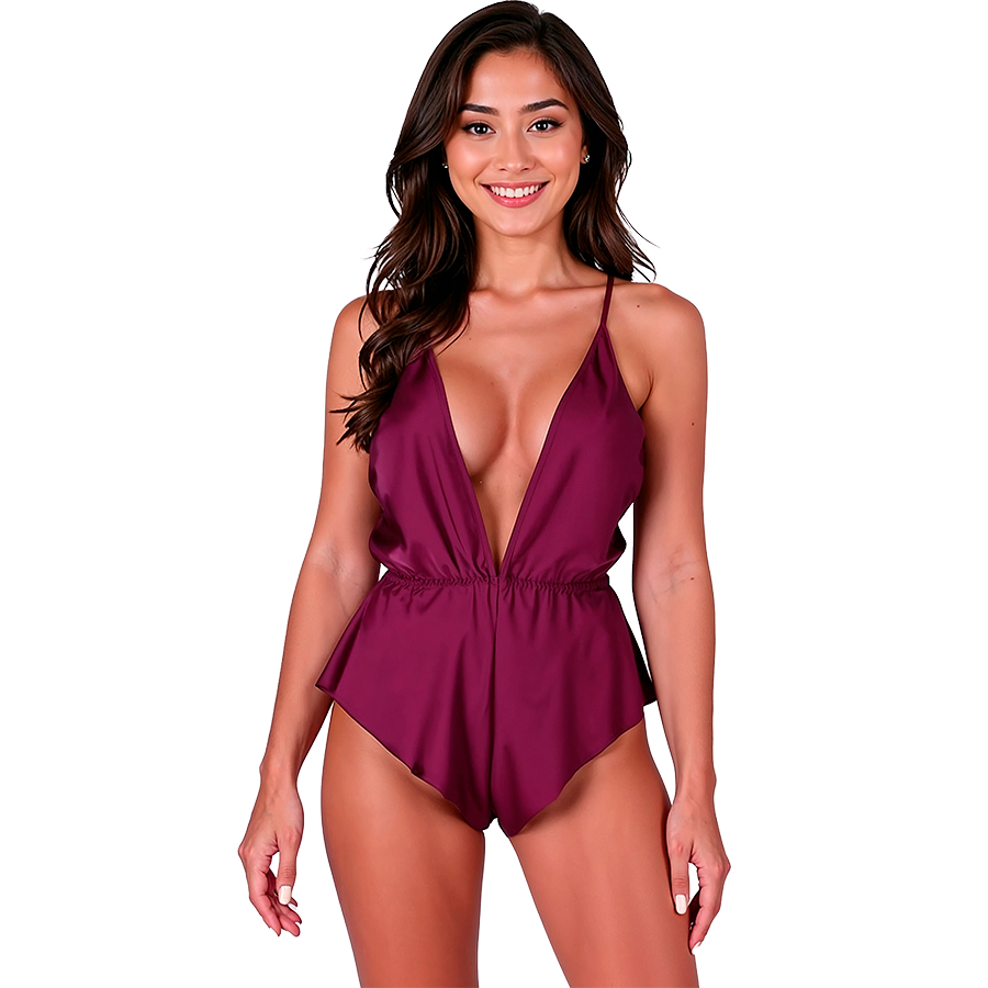 Body Sensie satin violet Passion au decollete V plongeant porte de face, fines bretelles et coupe echancree devoilant le buste de la mannequin souriante.