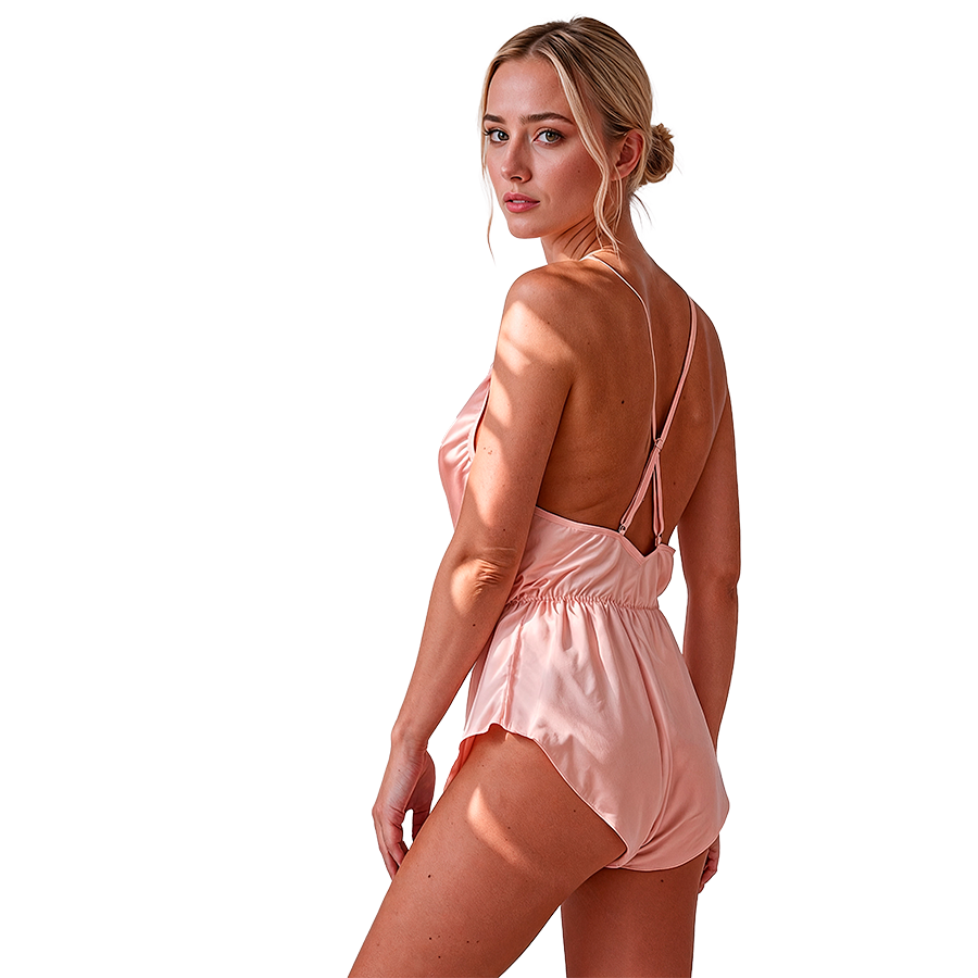 Vue de profil dos du body Sensie satin rose Passion, dos nu a bretelles fines croisees, coupe satinee moulant la silhouette feminine sensuelle.