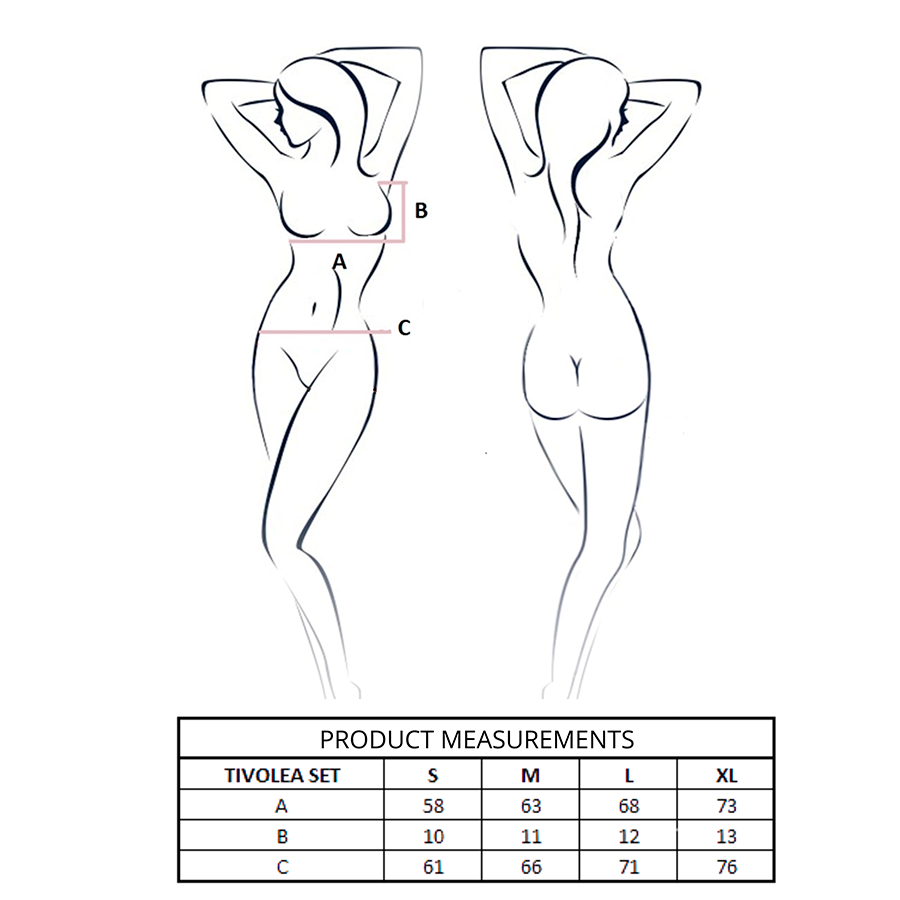 Schema de mesures Tivolea : silhouette feminine de profil et de dos avec points B et C et tableau des tailles S a XL de l'ensemble dentelle Passion.