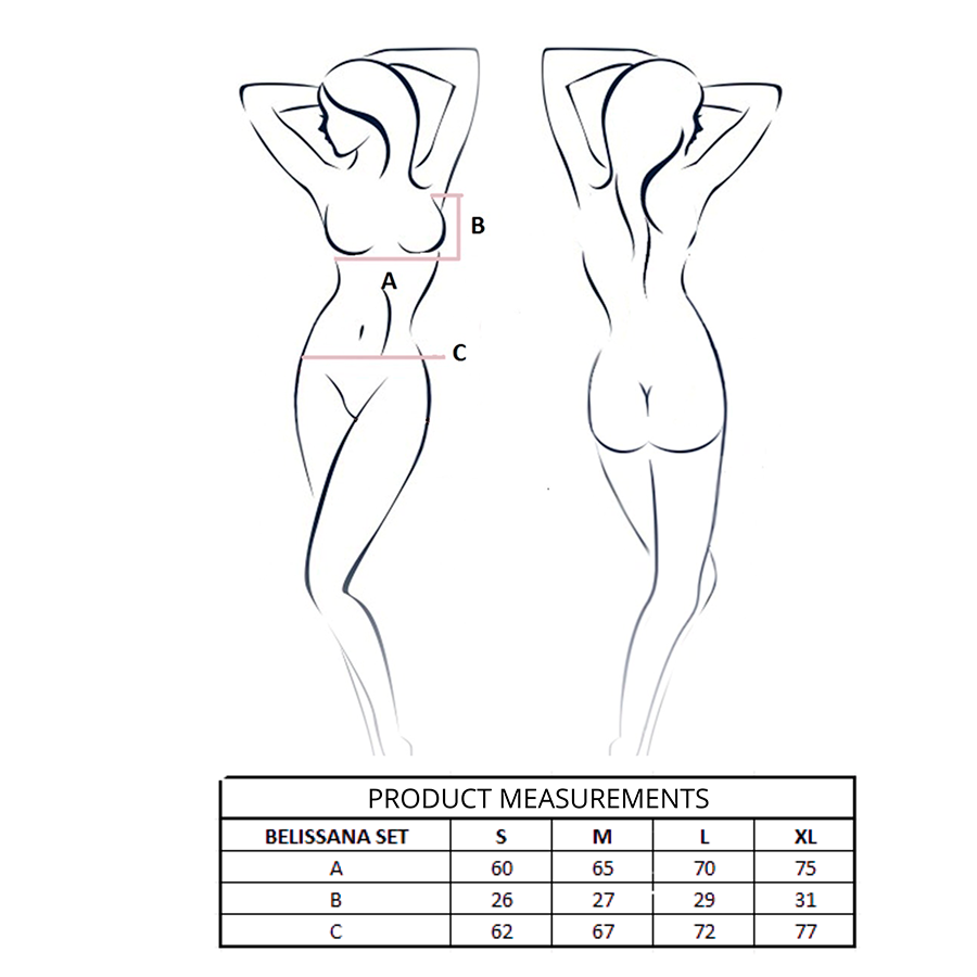 Schema technique de l'ensemble Belissana Passion, silhouette feminine de face et de dos accompagnee du tableau detaille des mensurations par taille.