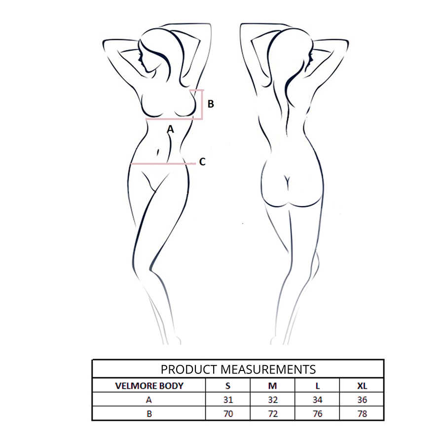 Schema des mensurations du body Velmore en dentelle Passion, dessin au trait d'une silhouette de face et de dos accompagne du tableau des tailles.