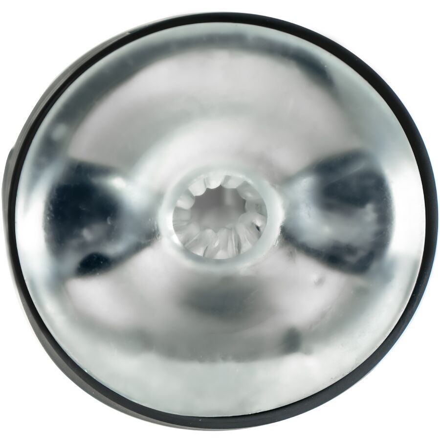 Vue de dessus du vibromasseur de poche pour homme, ouverture centrale lisse non anatomique dans une coque silicone souple compressible et etanche Kiiroo.