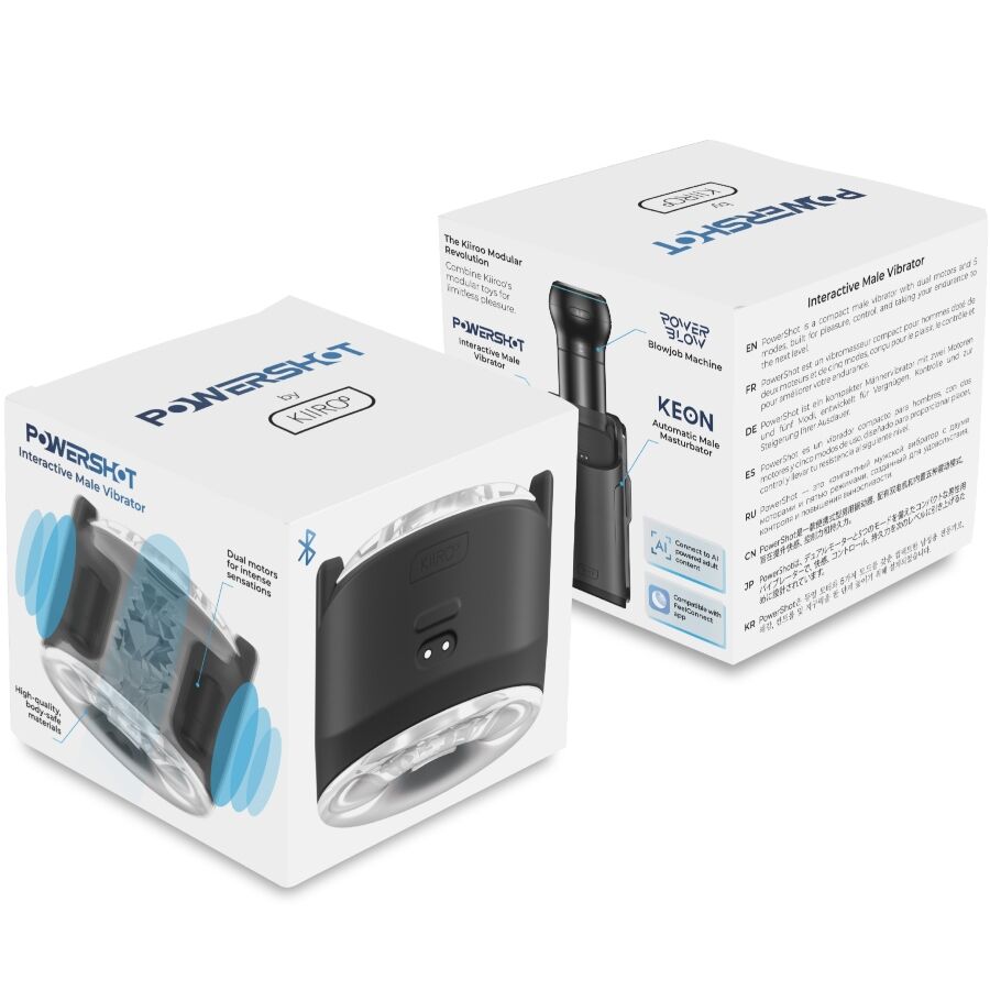 Coffret PowerBlow et boite Keon du vibromasseur de poche pour homme, packaging blanc et accessoires d'aspiration, dispositif silicone etanche compatible Kiiroo.