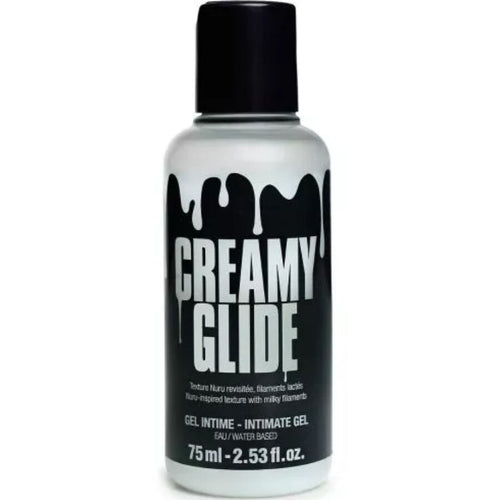Flacon Creamy Glide gel intime a base d'eau 75 ml, vue de face, etiquette noire coulante, texture nuru filante a filaments laiteux inspiree des gels japonais