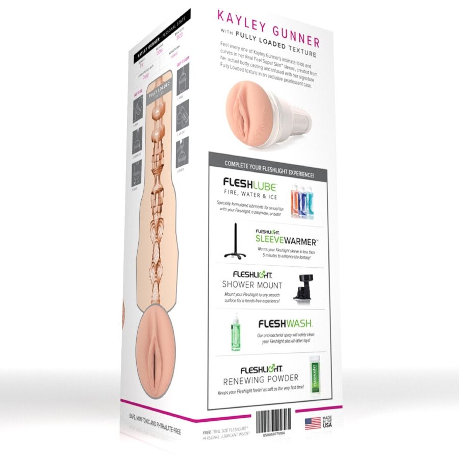 Coffret Kayley Gunner avec set d'entretien Fleshlube, Sleeve Warmer, Shower Mount et FleshWash, boite illustrant l'orifice vaginal realiste moule et la gaine texturee signee.