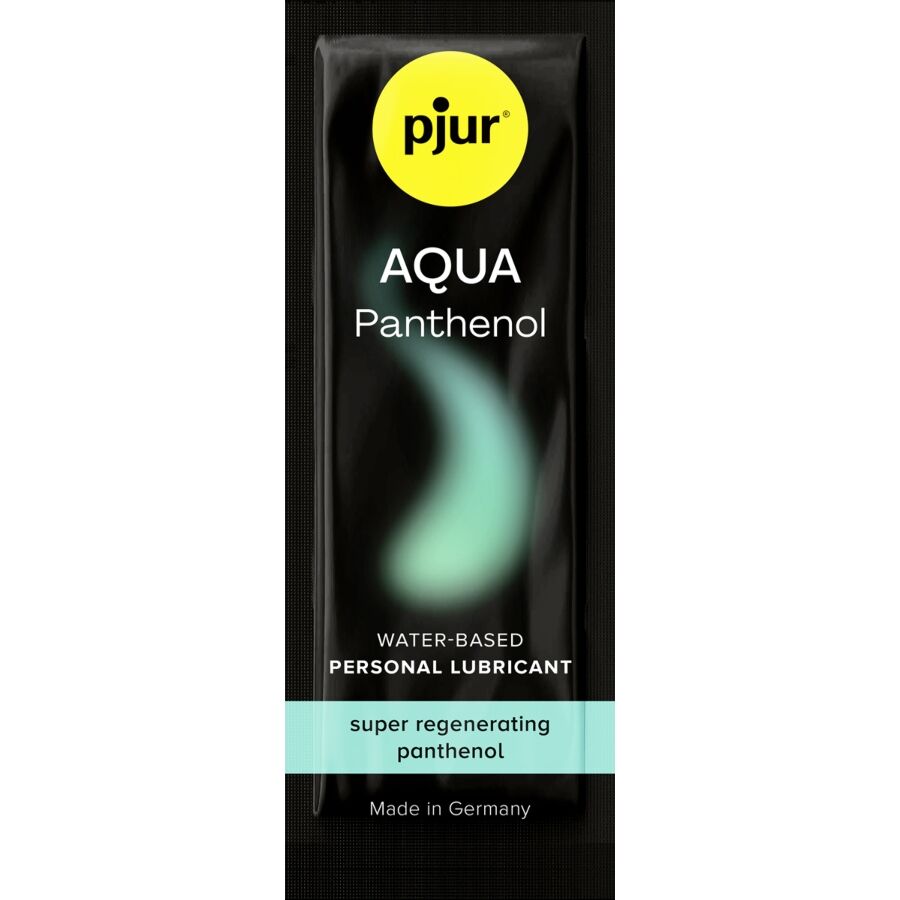 Sachet Pjur Aqua Panthenol, lubrifiant base eau au panthenol regenerant, glisse longue duree et sensation de peau douce, dose decouverte fabriquee en Allemagne.