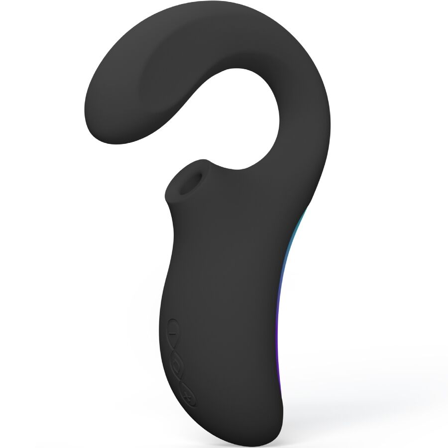 Stimulateur triple action Lelo Enigma Wave noir vu de face montrant l embout d ondes soniques creux, sextoy clitoris et point G en silicone rechargeable.