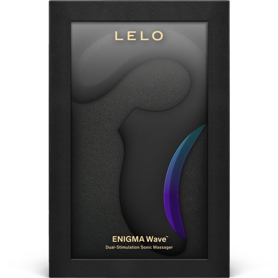 Boite noire Lelo Enigma Wave Dual-Stimulation presentant le stimulateur noir sous fenetre, packaging du sextoy triple action clitoris et point G en silicone.