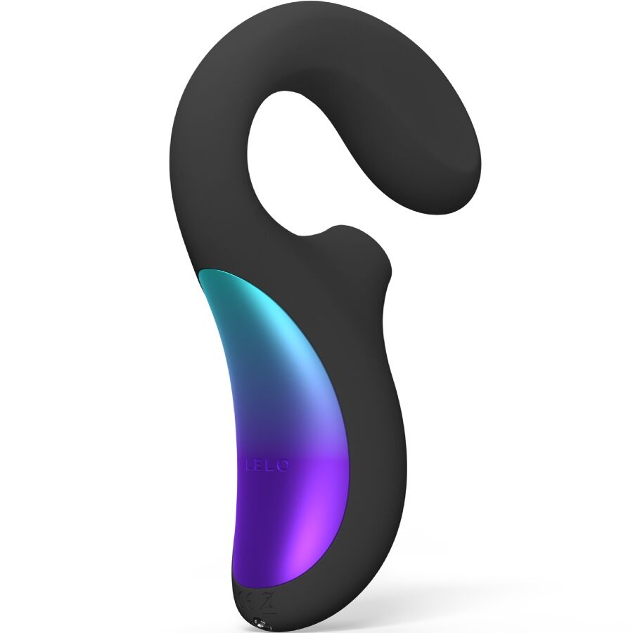 Stimulateur triple action Lelo Enigma Wave noir en forme de crosse avec bras point G degrade bleu violet, sextoy ondes soniques vibration et mouvement ondulant.