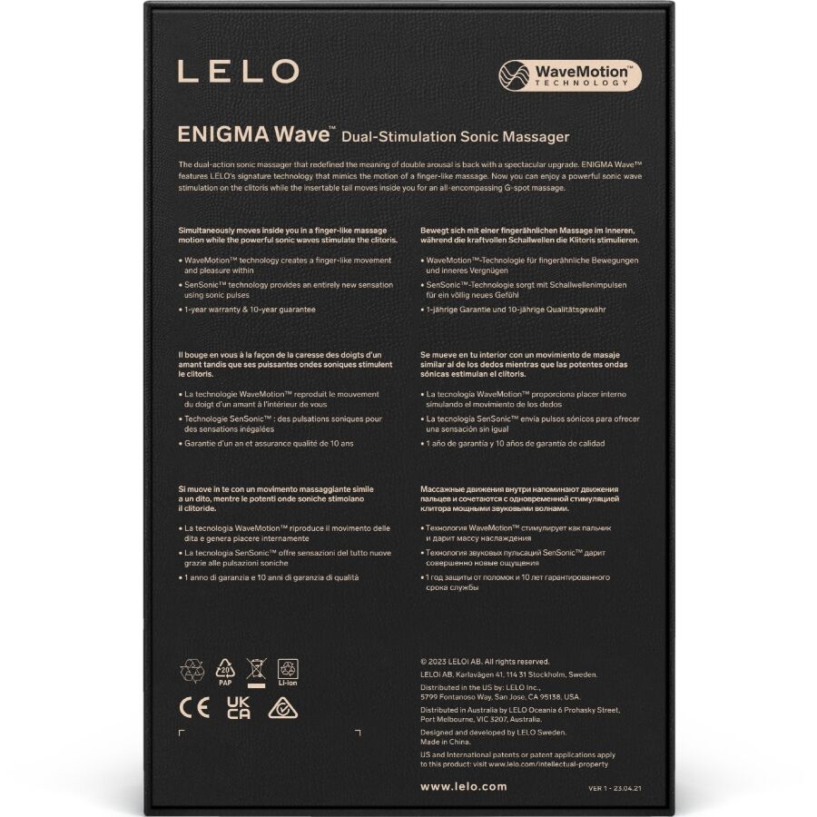 Dos de la boite Lelo Enigma Wave avec texte WaveMotion multilingue et pictogrammes, packaging du stimulateur triple action clitoris et point G rechargeable.