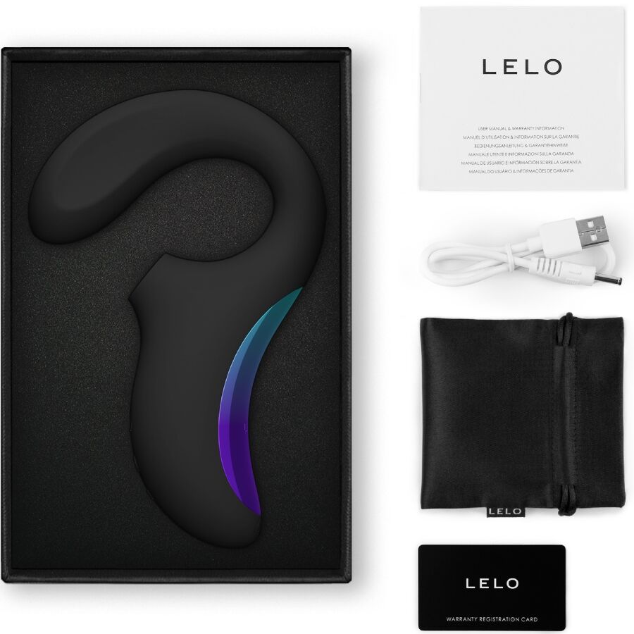 Stimulateur triple action Lelo Enigma Wave noir dans son coffret avec cable USB, pochette et carte de garantie, sextoy clitoris et point G rechargeable.
