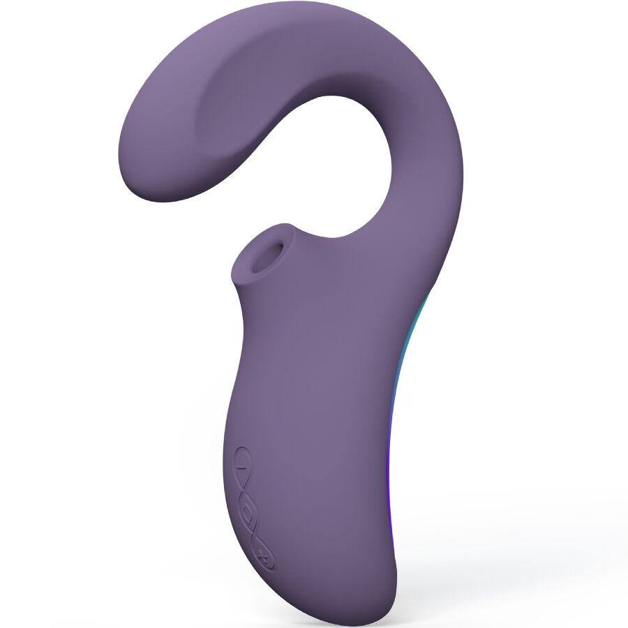 Stimulateur triple action Lelo Enigma Wave violet vu de face montrant l embout d ondes soniques creux, sextoy clitoris et point G en silicone rechargeable.