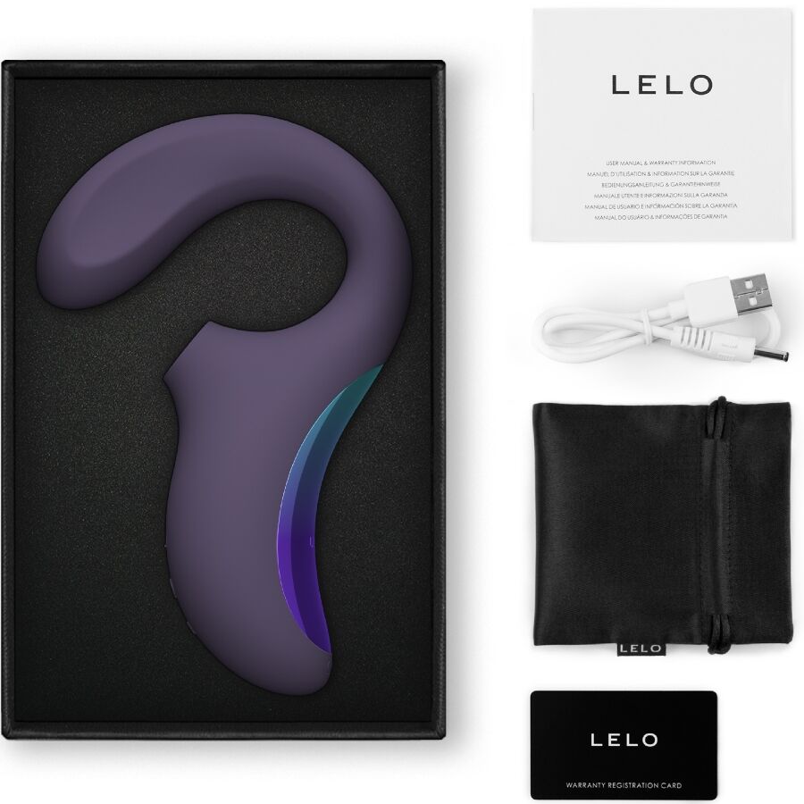 Stimulateur triple action Lelo Enigma Wave violet dans son coffret avec cable USB, pochette et carte de garantie, sextoy clitoris et point G rechargeable.