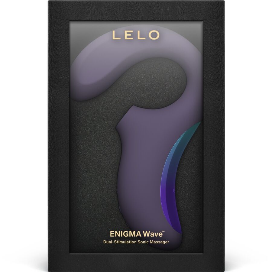 Boite noire Lelo Enigma Wave Dual-Stimulation presentant le stimulateur violet sous fenetre, packaging du sextoy triple action clitoris et point G.