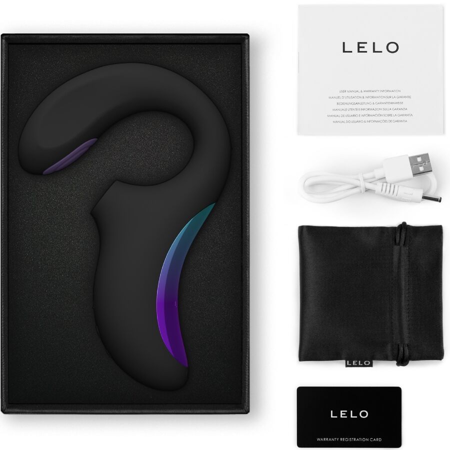 Stimulateur double sonique Lelo Enigma noir dans son coffret avec cable USB, pochette et carte de garantie, sextoy double stimulation clitoris et point G.