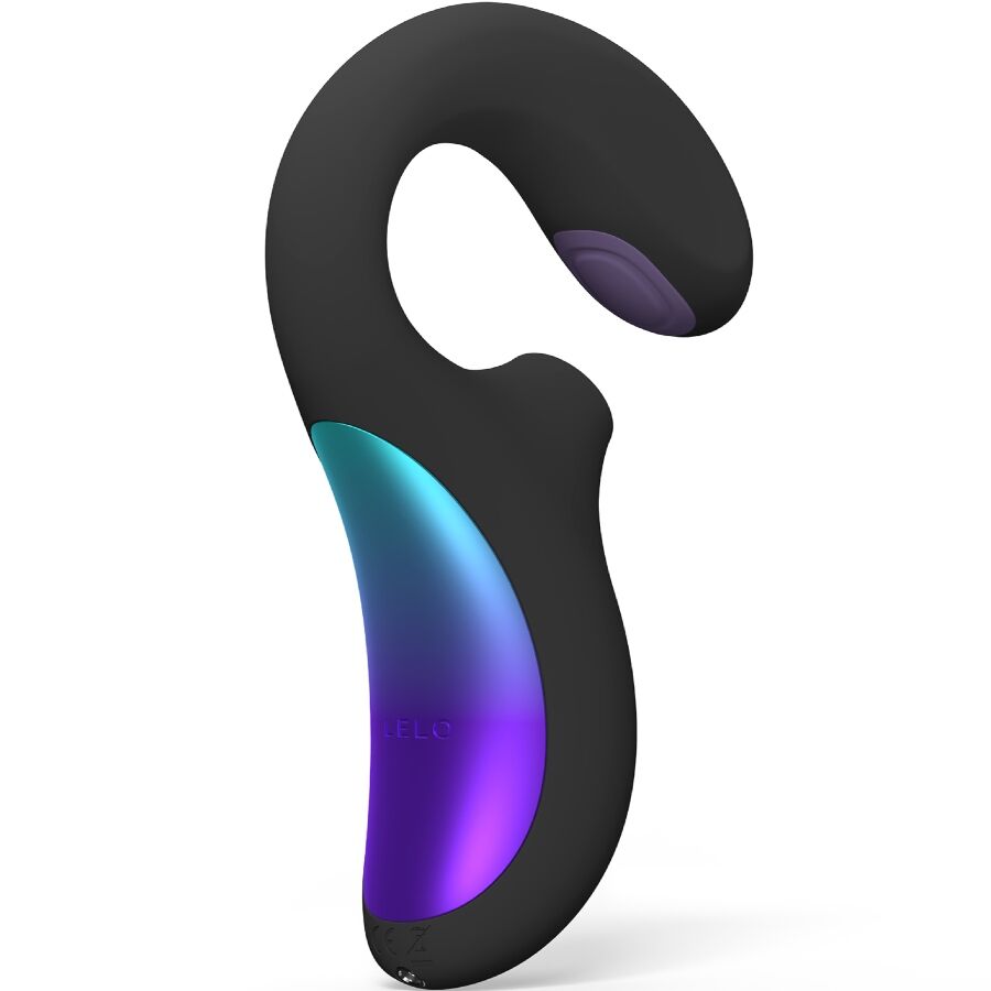 Stimulateur double sonique Lelo Enigma noir en forme de crosse avec bras point G degrade bleu violet, sextoy double plaisir clitoris et point G rechargeable.