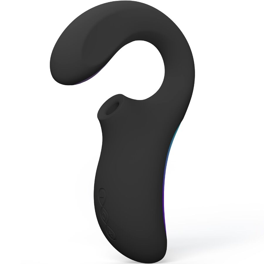 Stimulateur double sonique Lelo Enigma noir vu de face montrant l embout d ondes soniques creux, sextoy combinant clitoris et point G en silicone rechargeable.