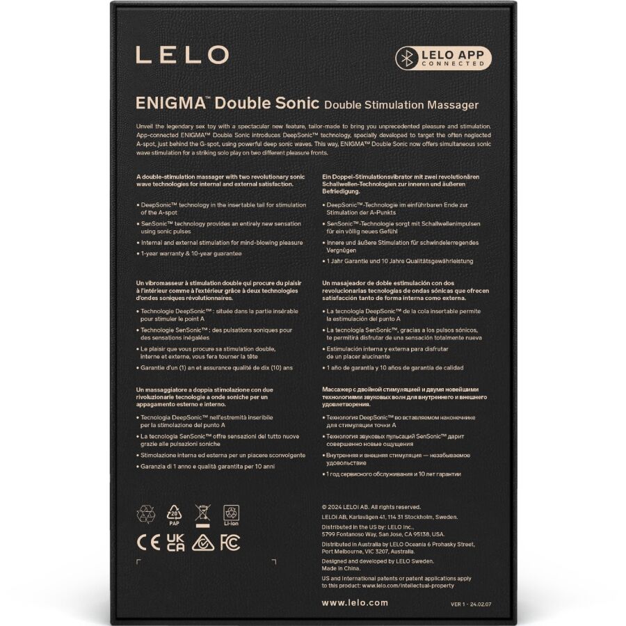 Dos de la boite Lelo Enigma Double Sonic avec texte descriptif multilingue et pictogrammes, packaging du stimulateur double clitoris et point G en silicone.