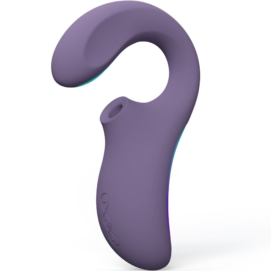 Stimulateur double sonique Lelo Enigma violet vu de face montrant l embout d ondes soniques creux, sextoy combinant clitoris et point G en silicone rechargeable.