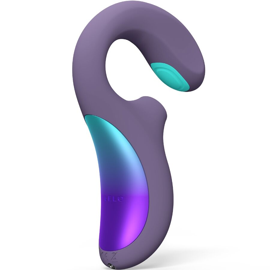 Stimulateur double sonique Lelo Enigma violet en forme de crosse, embout d aspiration et bras point G degrade bleu violet, sextoy double plaisir rechargeable.