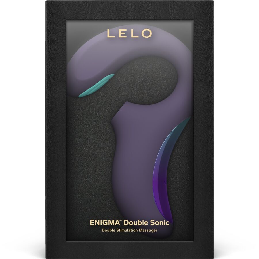 Boite noire Lelo Enigma Double Sonic presentant le stimulateur violet sous fenetre, packaging du sextoy double stimulation clitoris et point G en silicone.