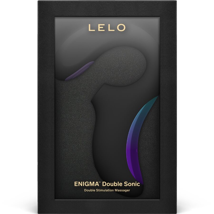 Boite noire Lelo Enigma Double Sonic presentant le stimulateur noir sous fenetre, packaging du sextoy double stimulation clitoris et point G rechargeable.